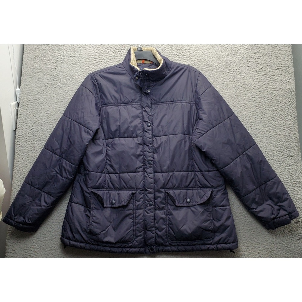 Lands' End Quilted Puffer Jacket Womens 2X Navy Sherpa Collar Snap Up Inside Zip